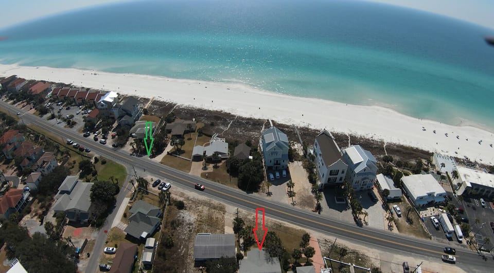 Red arrow home and green arrow beach access.  30 second walk.  10/10  location