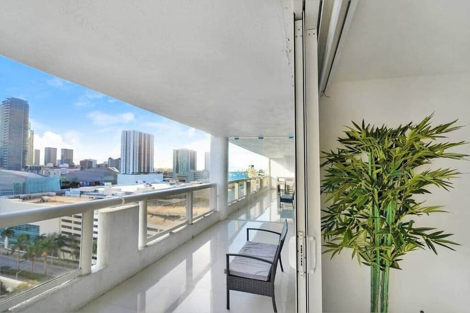 Balcony views of downtown Miami skyline and Biscayne Bay