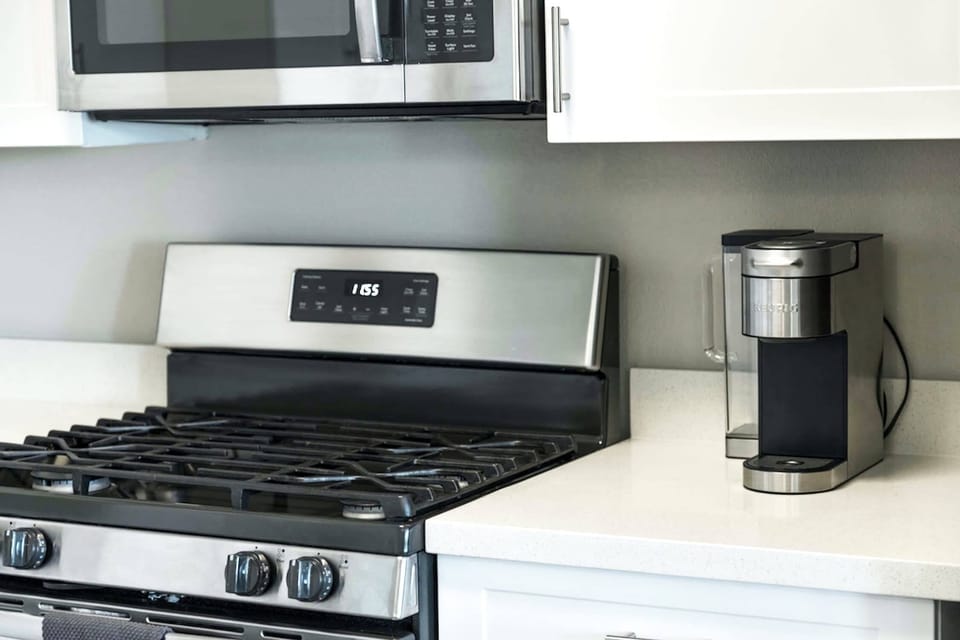 Start your day energized using the Keurig machine supplied with complimentary coffee pods