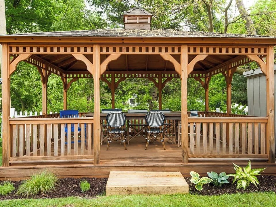 Backyard Gazebo with Ceiling Fan, Light and Seating for 10