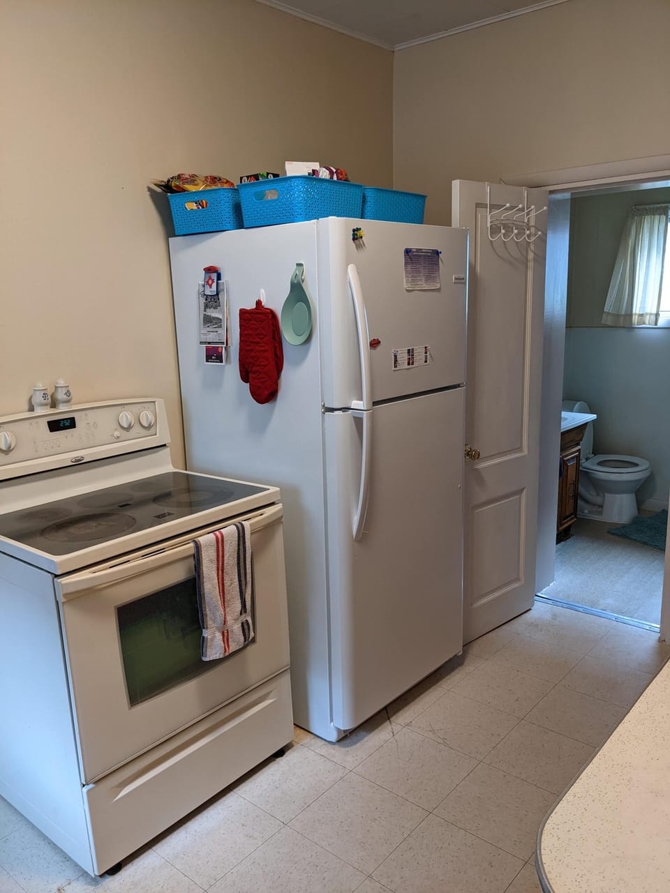 Brand-new fridge. To the side of the fridge is a pantry (can't see in this pic).