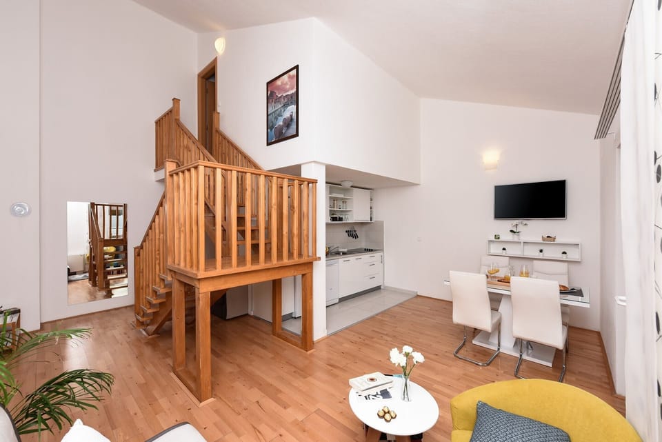 kitchen, dining area, living room