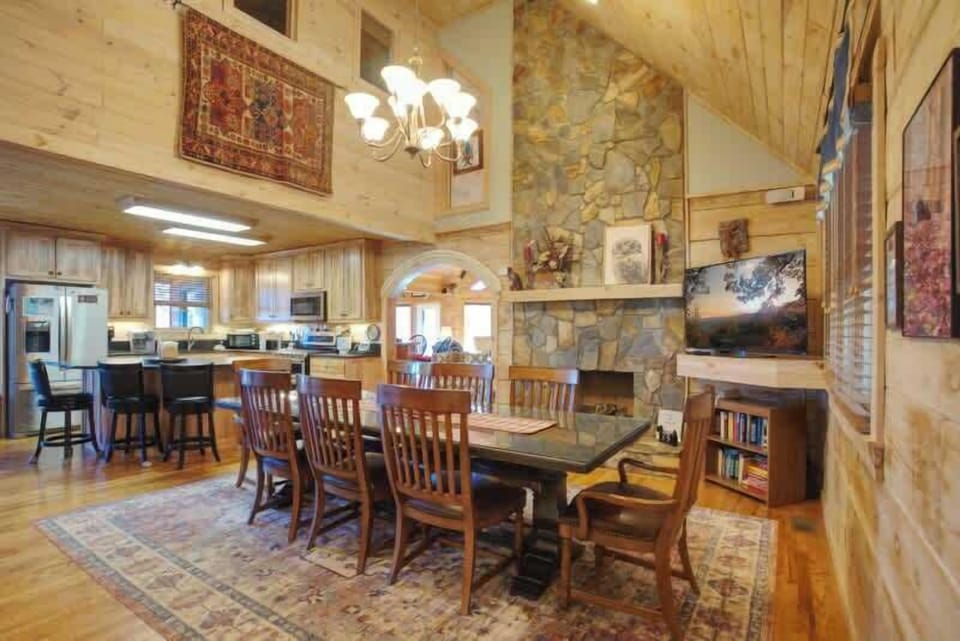 Large dining area with fireplace