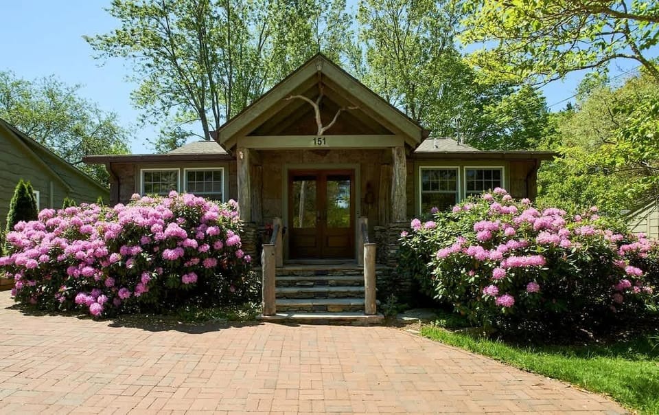 Charming entrance with poplar tree bark and beautiful rhododendron