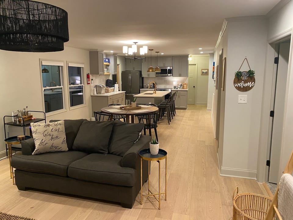 Enter the front door to an open floor plan. 