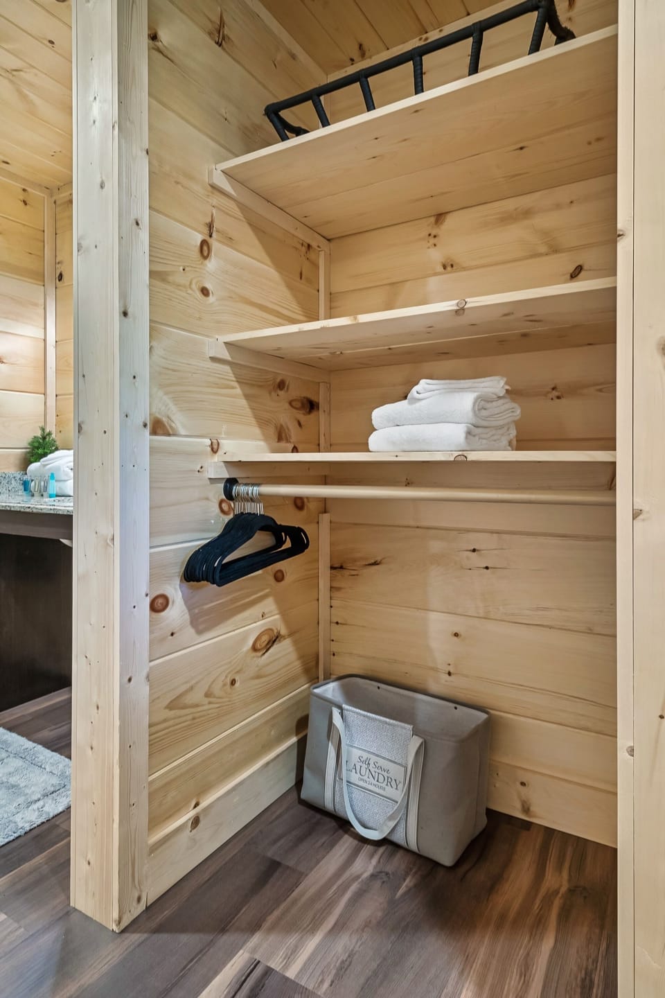 En Suite Master Bath | low open shelves for easy access