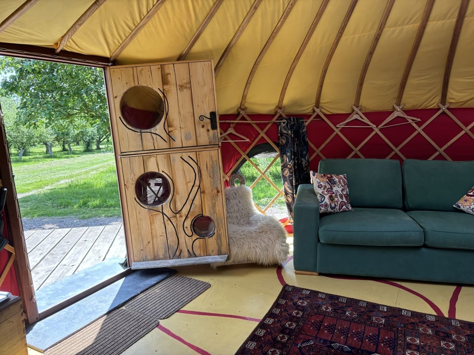 Cai's colourful interior and hand made stable door to the orchard