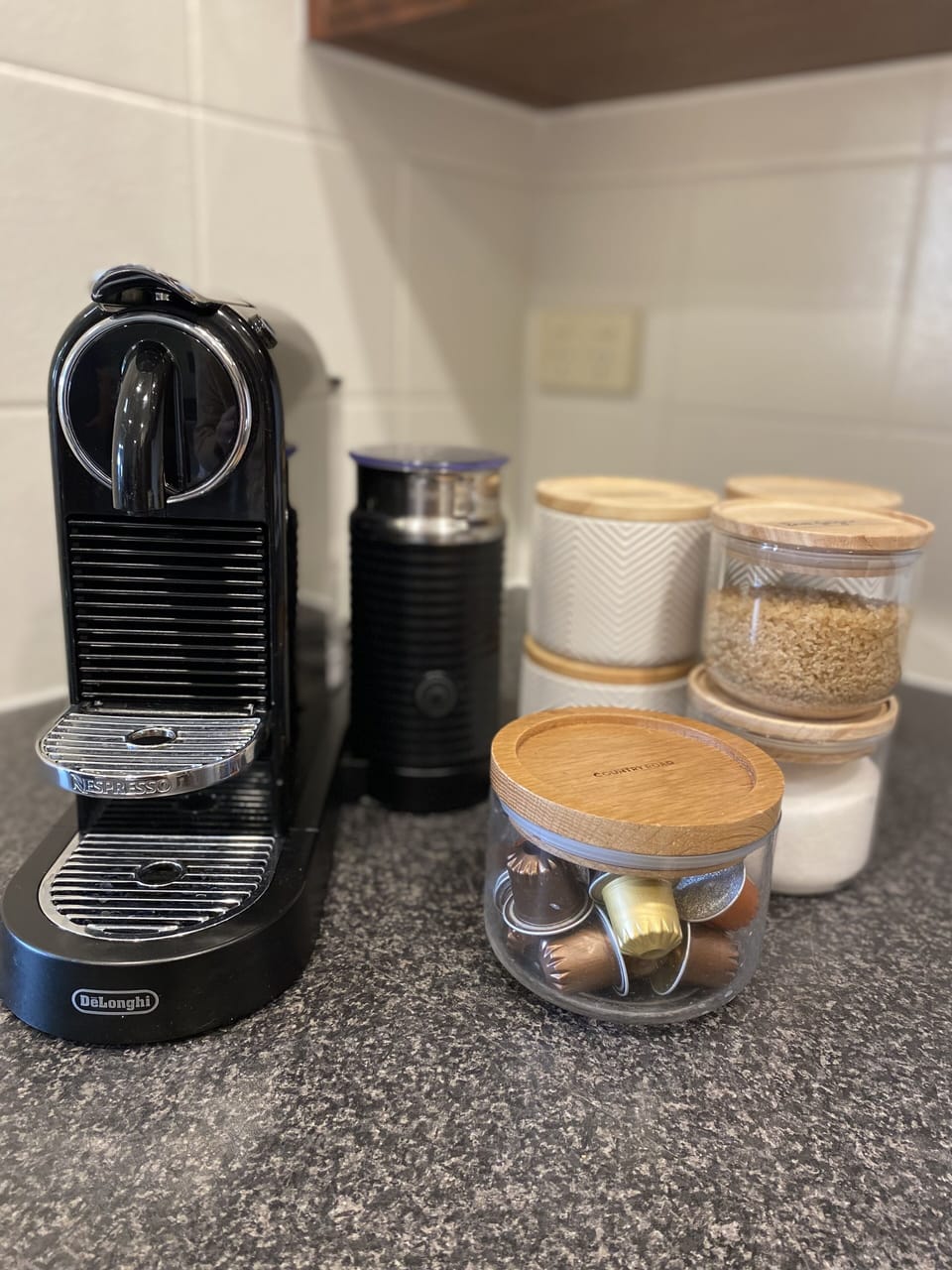 Nespresso machine and a range of teas available for your enjoyment