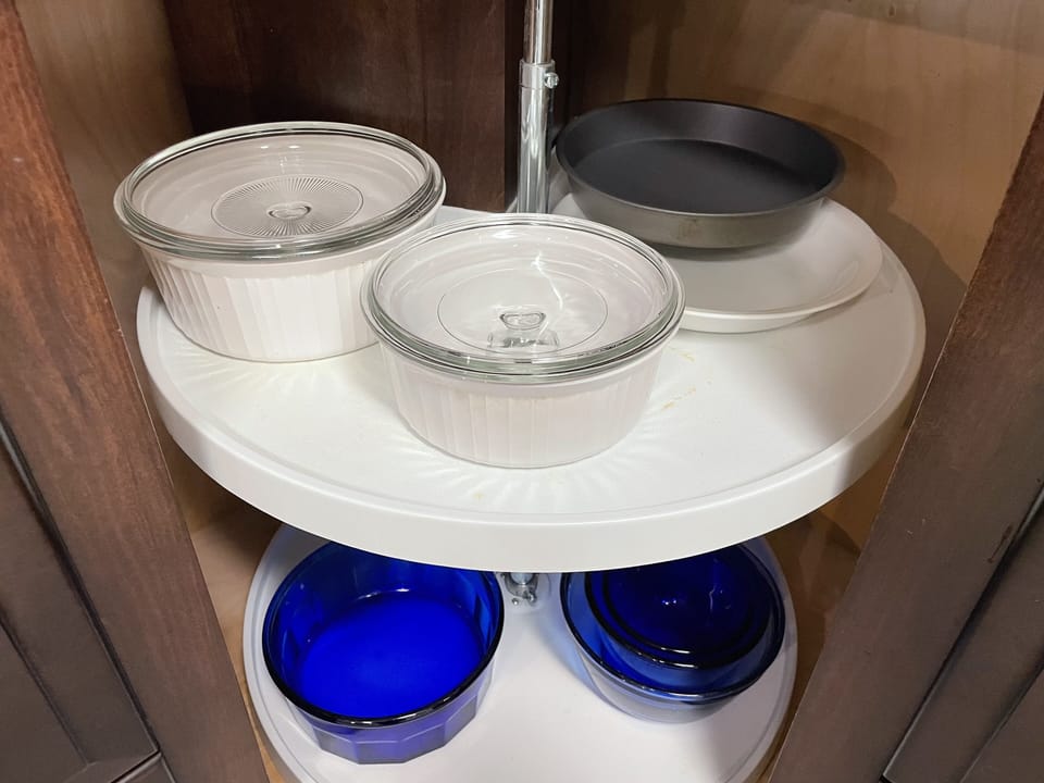 Corning ware, pie plates, and mixing bowls.