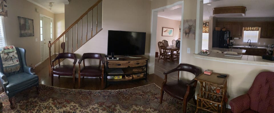 Family room with the kitchen to the right