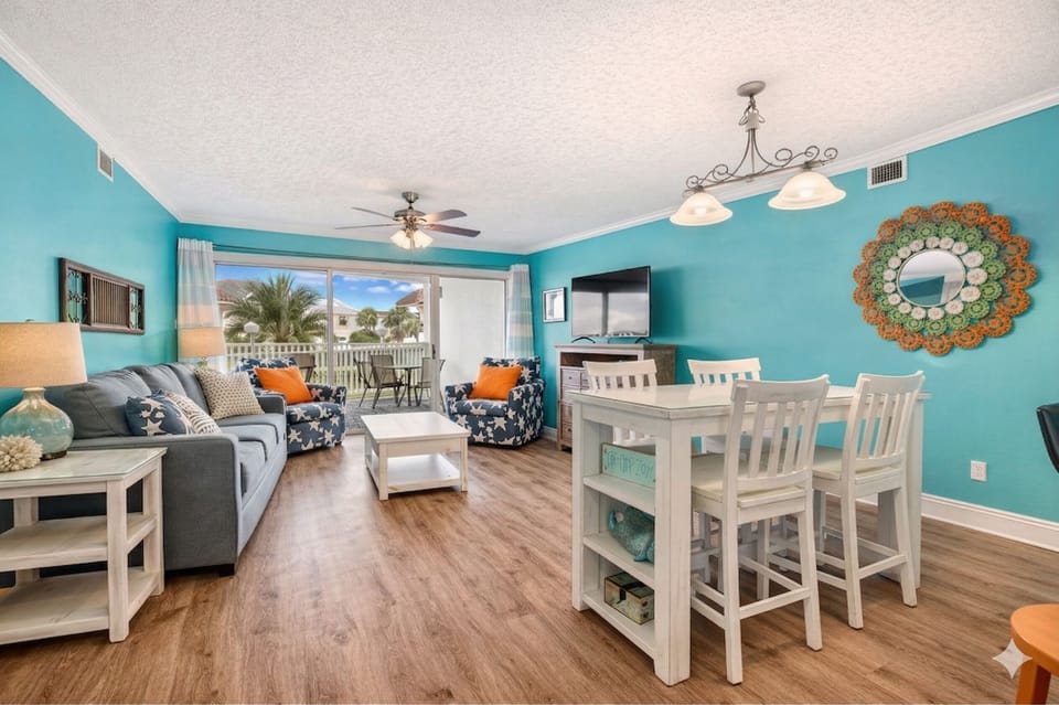 Ground floor provides easy access to all the amenities without carrying groceries up and down stairs or elevators. The large patio just outside the living room with sleeper sofa, smart TV, and dining area