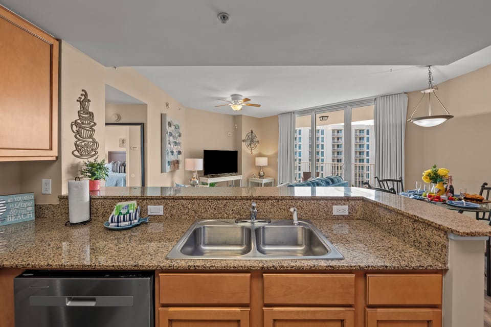 Granite Kitchen counters in this upscale 2 Full Bedroom Unit. Open Floor concept