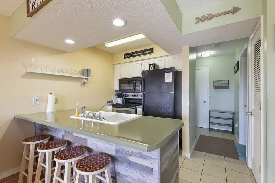 Kitchen is stocked will all your basic cooking needs to serve up a meal.