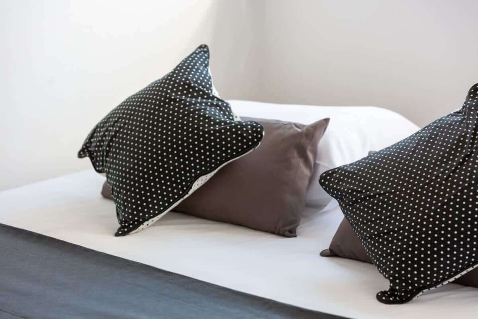 A close-up of two decorative black-and-white geometric pillows, adding contrast and style to the space.