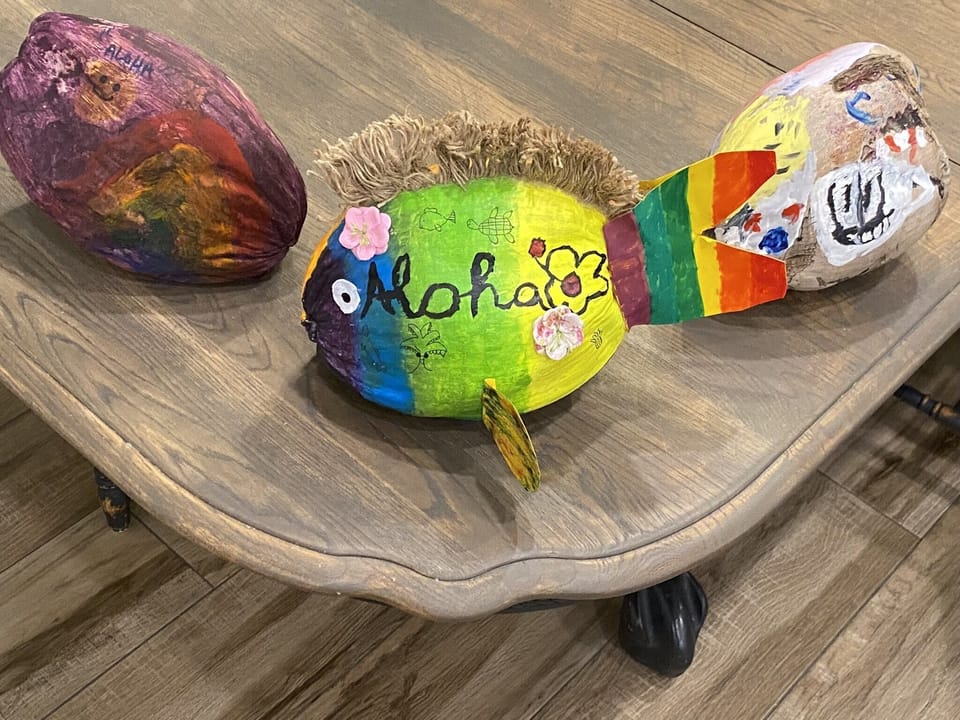 Grandkids painted coconuts we mailed from “Post a Nut”