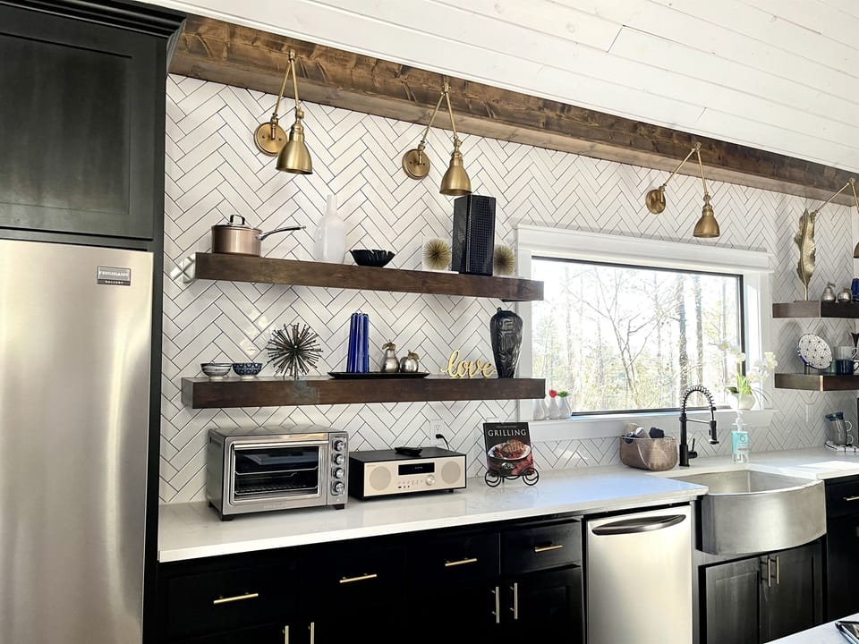 Open shelving in the kitchen.