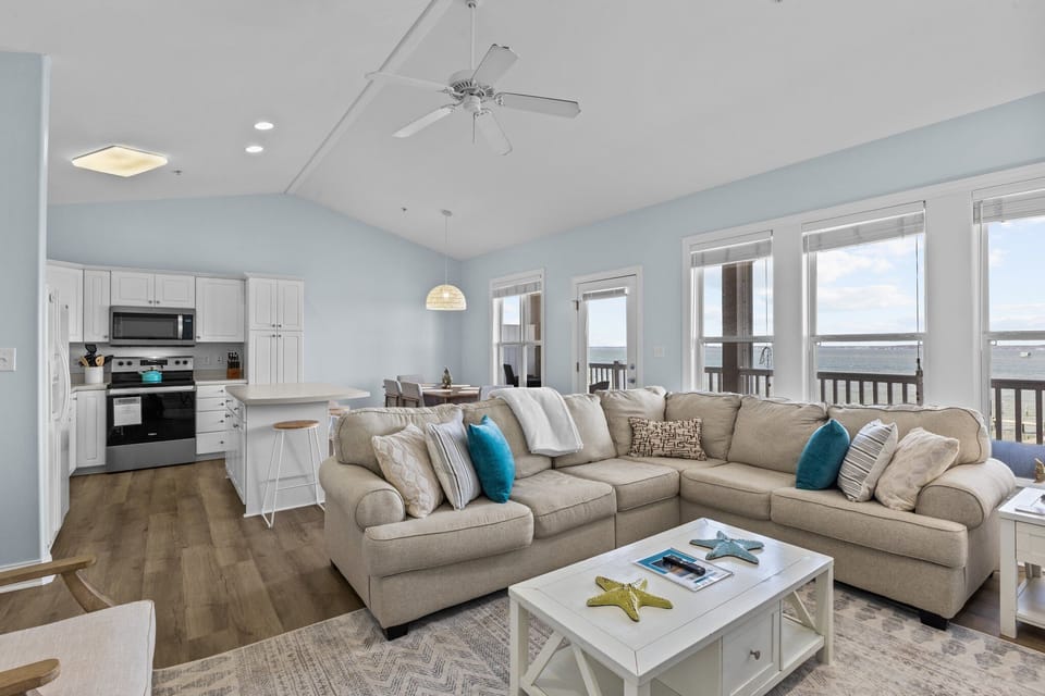 Kitchen, dining, and living spaces