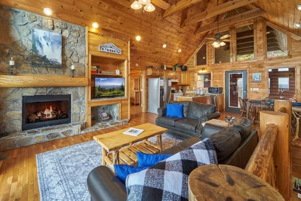 Mountain view from the living room, wood burning fireplace, and sleeper sofa. 