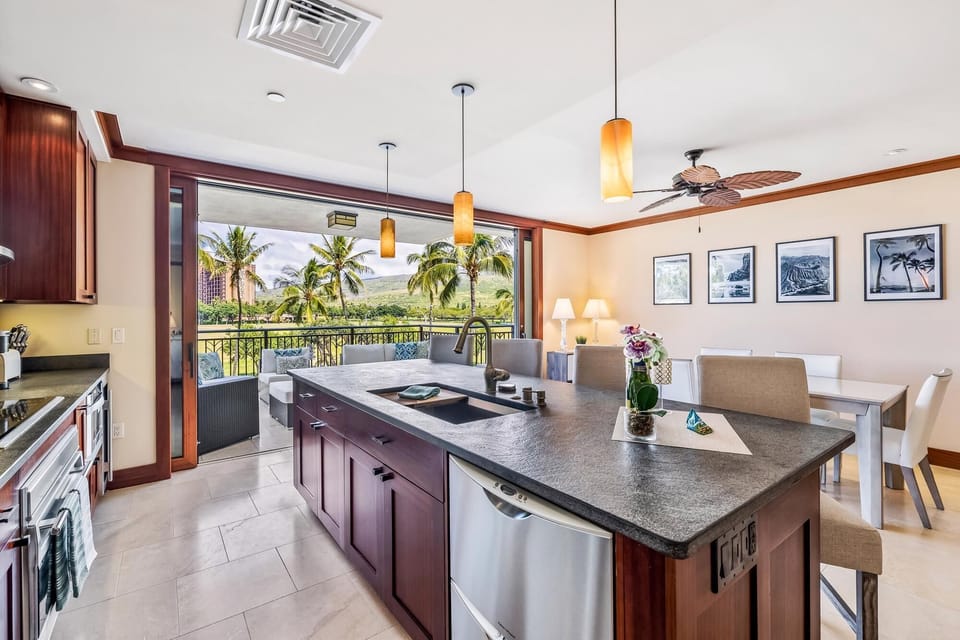 spacious kitchen and dining area