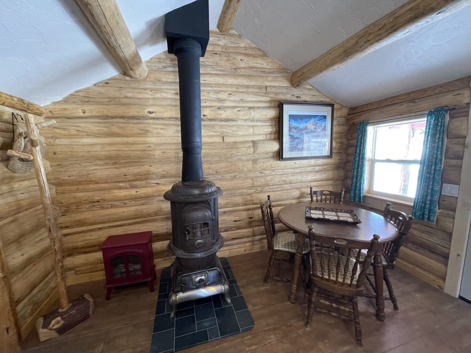 Dining area with wood stove