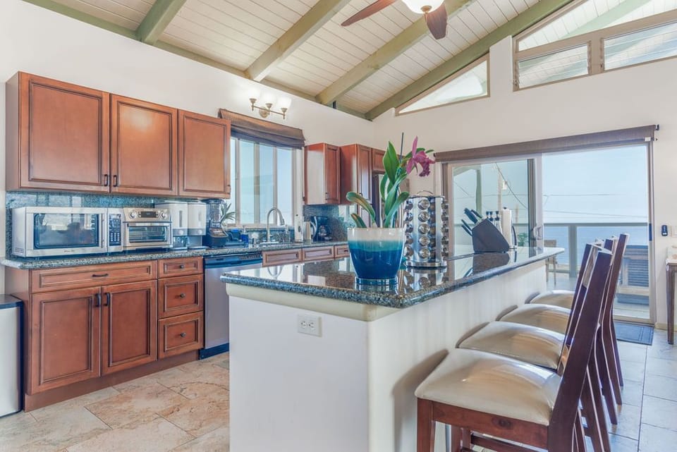 Open living floor plan with gourmet stocked kitchen with ocean views.