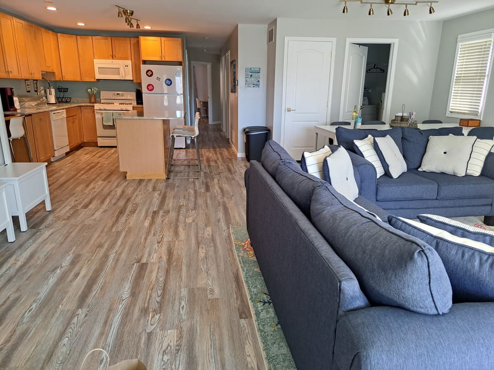 Living room, kitchen, dining table