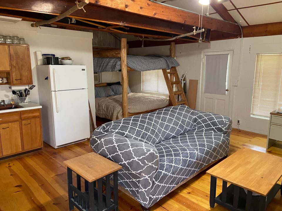 Cozy Cabin - open concept living area with king over king bunk beds
