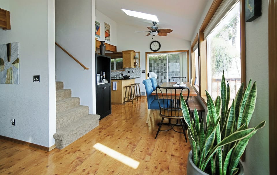 The dining table seats 6 comfortably.