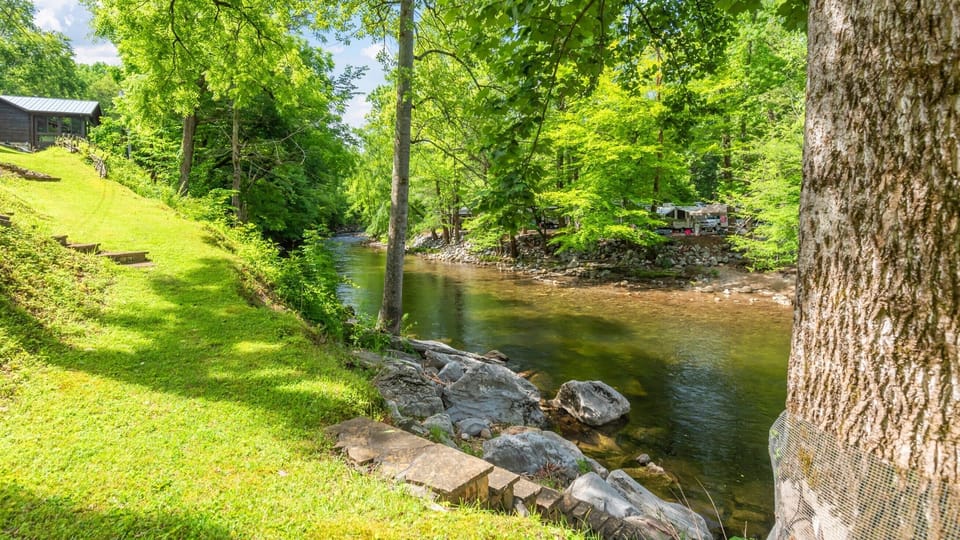 See the cabin on the left? This is the slope down to our community river access steps...
