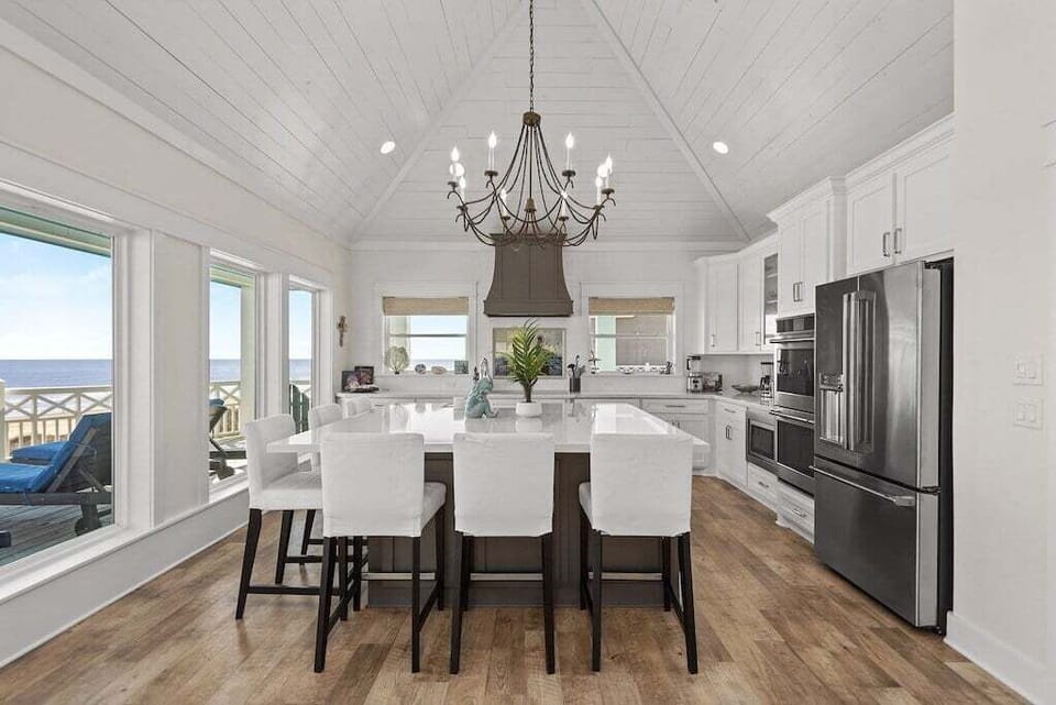 This oversized kitchen island seats 10 comfortably — perfect for large families and group vacations.