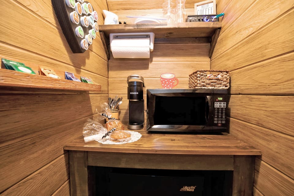 Mini fridge, microwave, Keurig machine