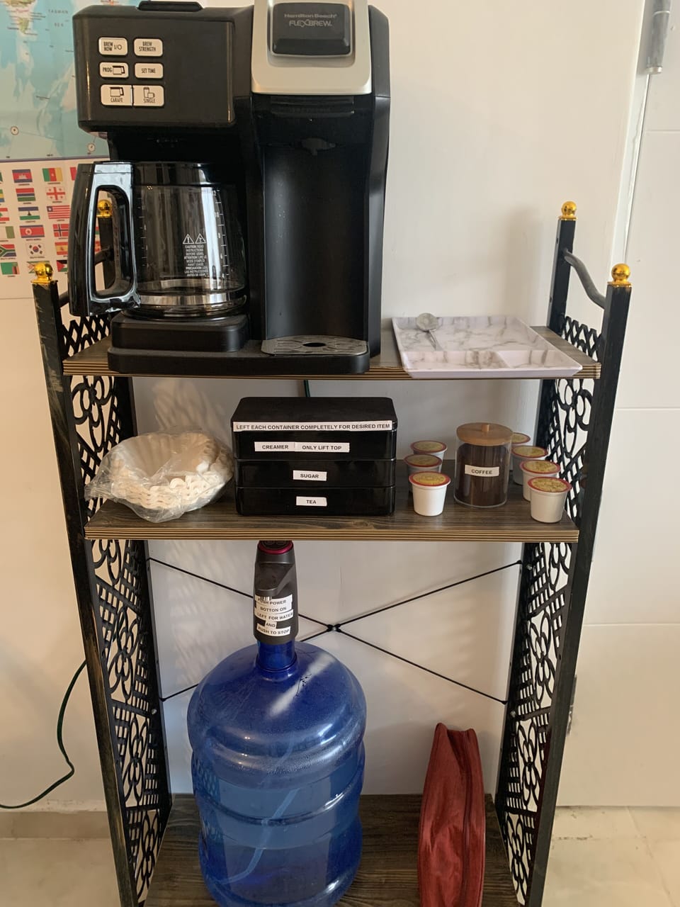 7-day supply of coffee and tea provided. drinking water provided. 1st aid kit