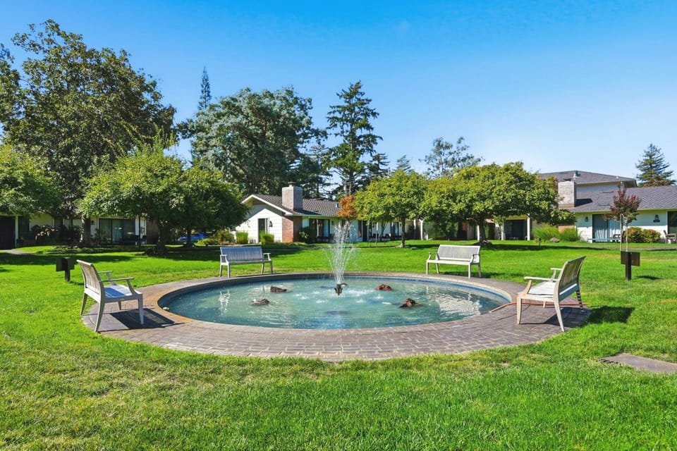 Step outside the condo to this peaceful courtyard and fountain, a relaxing spot to enjoy the landscaped grounds of Silverado Resort in Napa Valley.