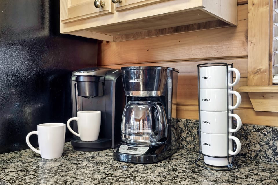 Start your morning with Keurig or drip coffee. Coffee starter kit provided.