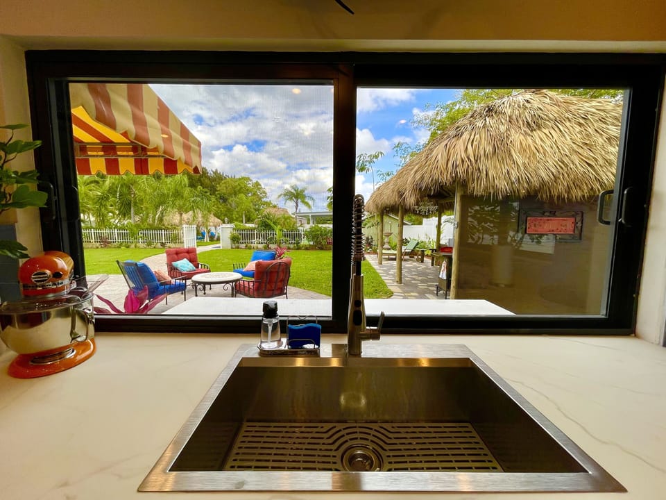 Nice view from chef’s kitchen. Steps away is the grill.