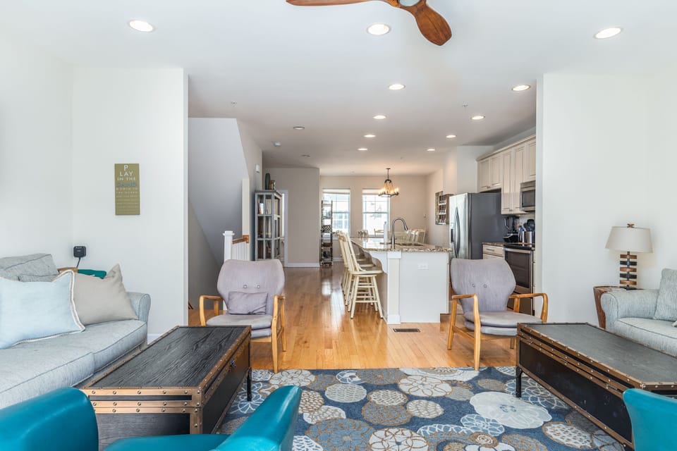 Wide open main level - living room flowing into the kitchen and the dining room.