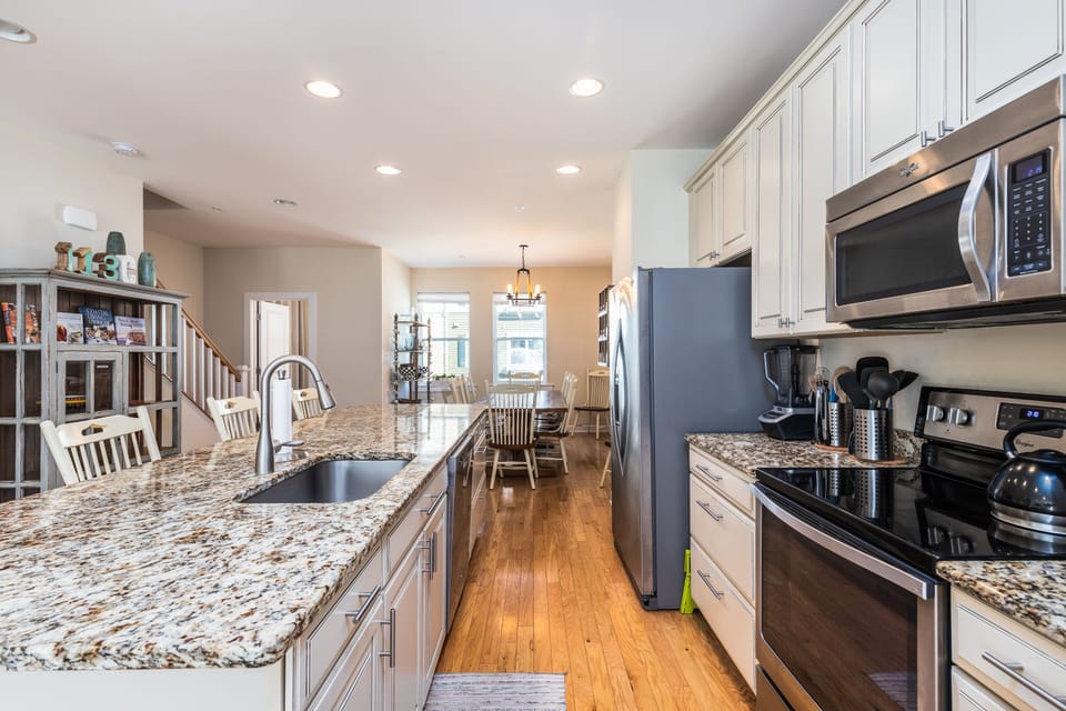 Spacious and fully loaded kitchen.  Coffee maker, blender, waffle iron, griddle.