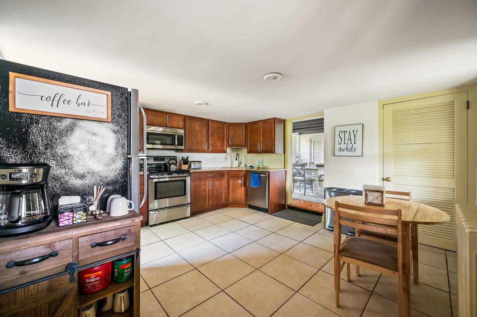 The dining room is directly accessible from the kitchen, making meal setup a breeze.