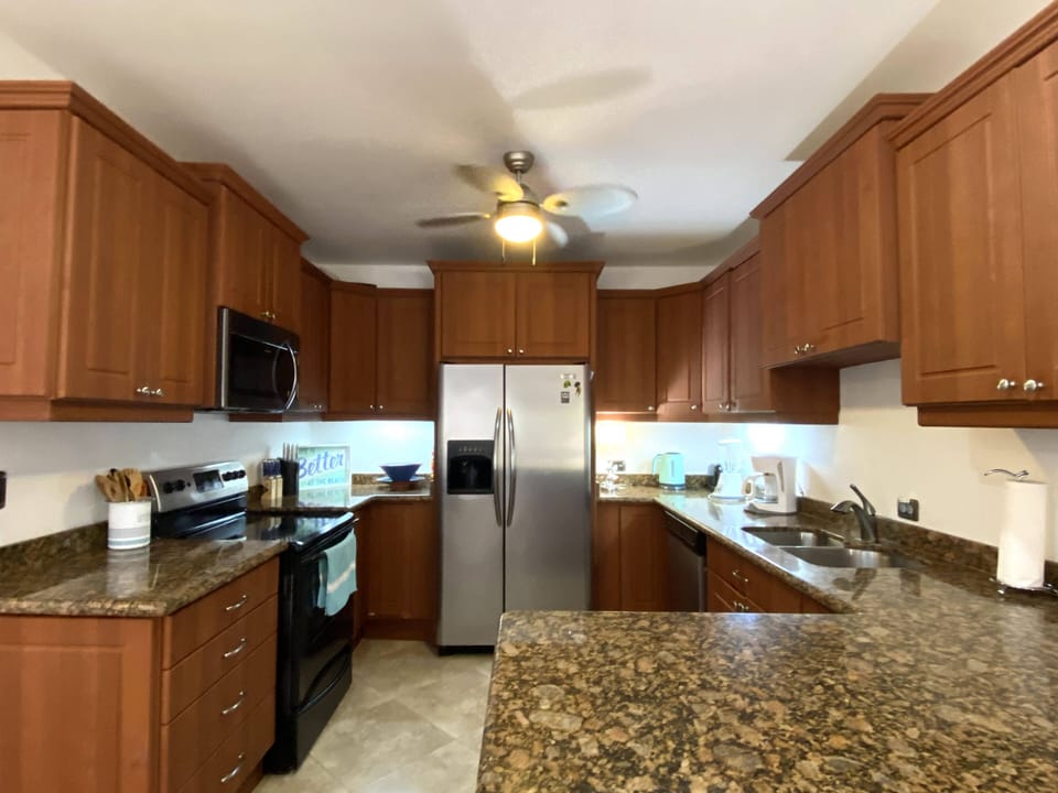Fully stocked kitchen. 