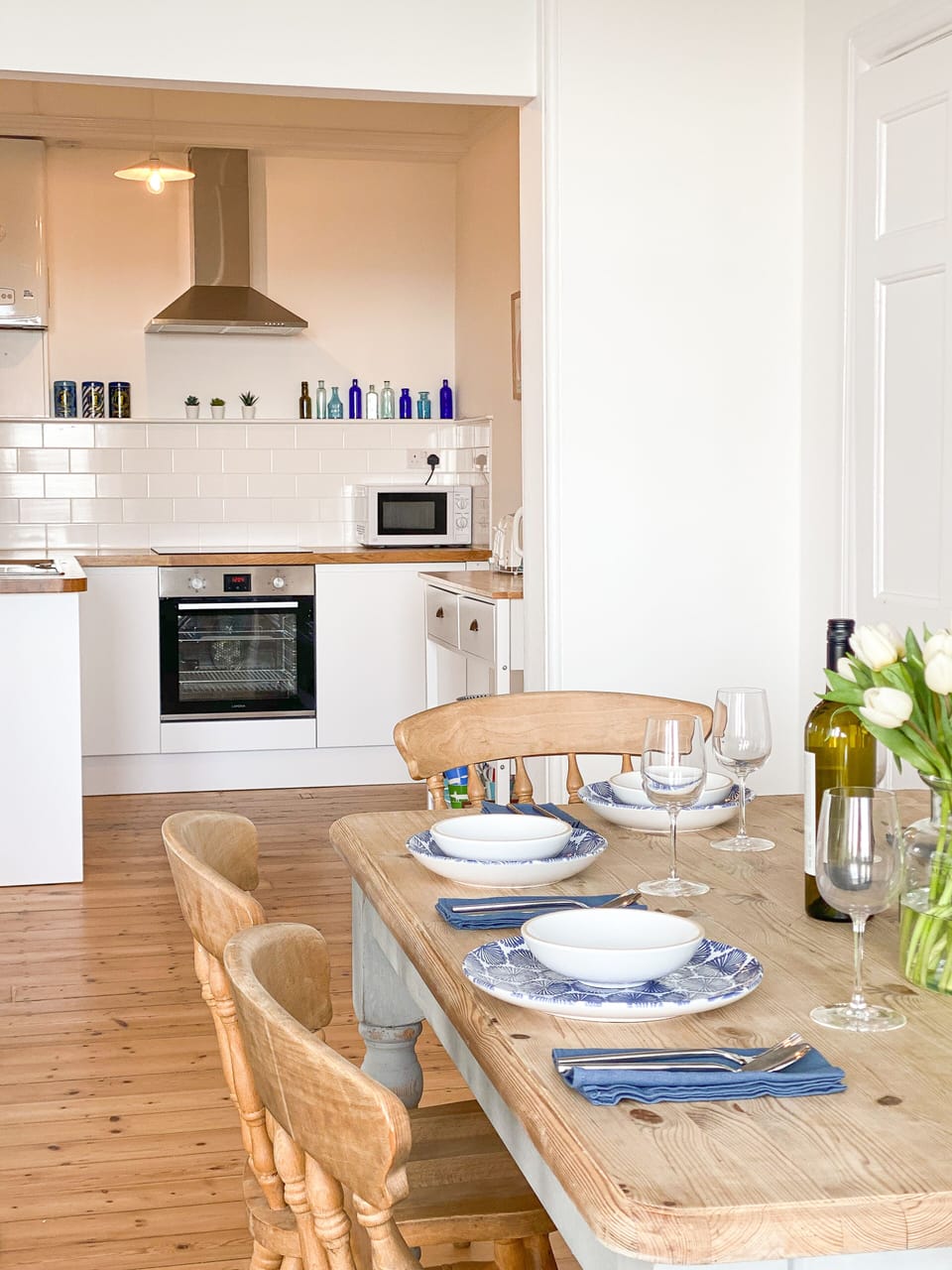 The dining table comfortably sits 6 people.