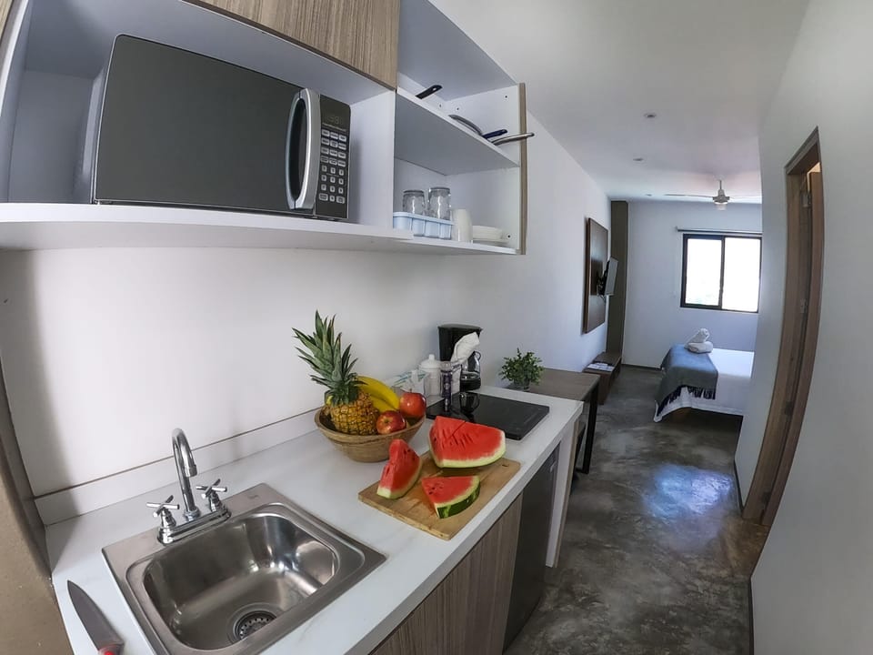 Kitchen with sink and microwave in Playa del Carmen accommodation.