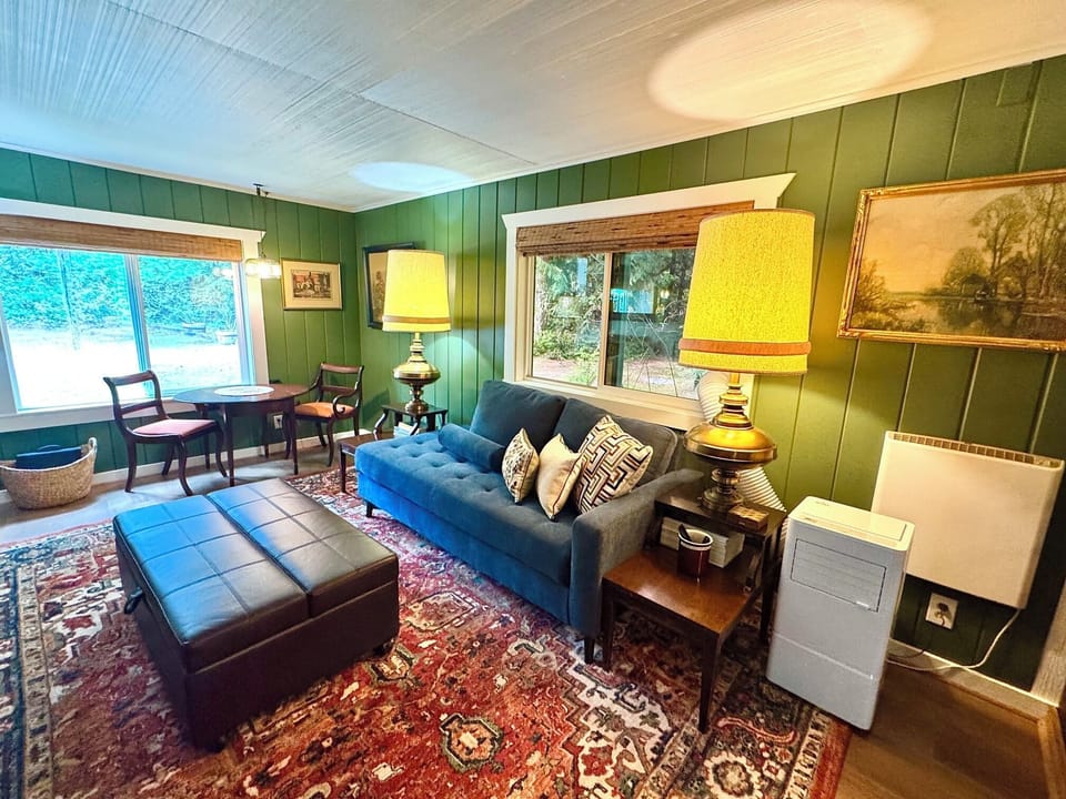 Living room with ottoman that opens up into a twin size bed