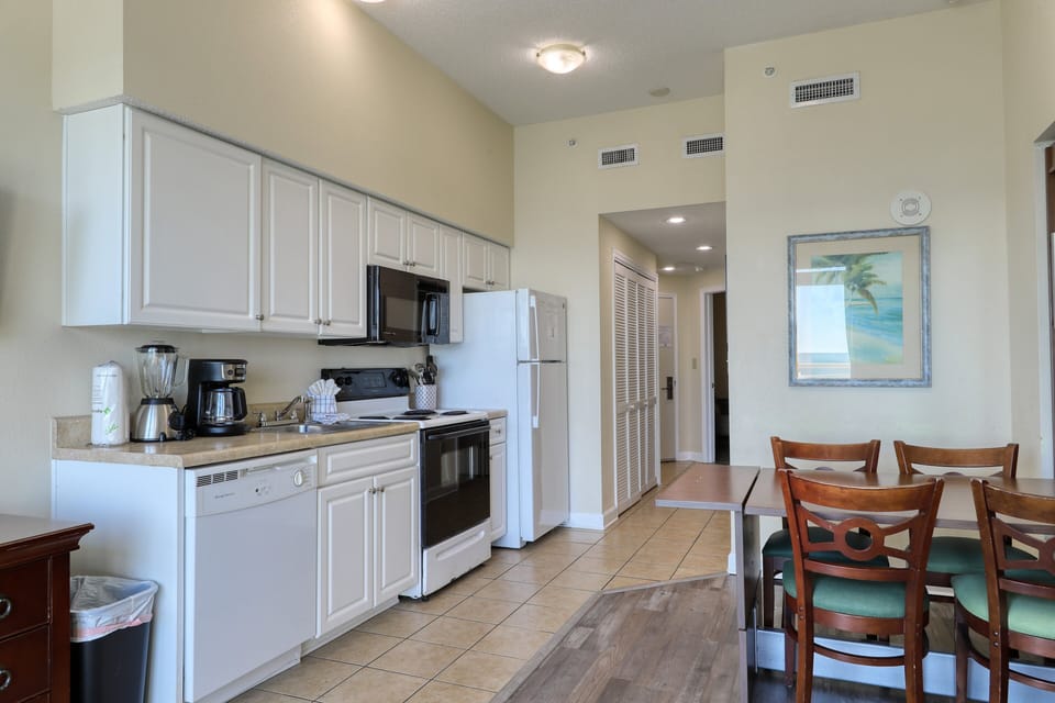 View of kitchen
Pots/pans and dishes included