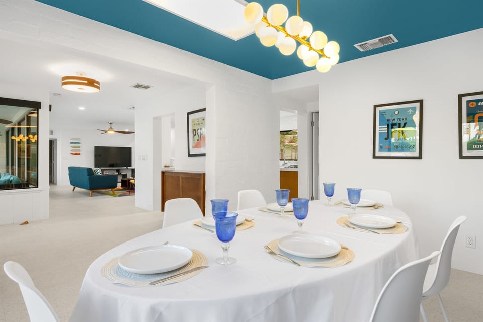 Dining, kitchen, and living area