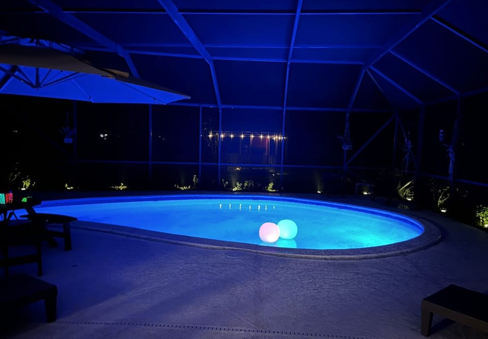 Pool area lit at night