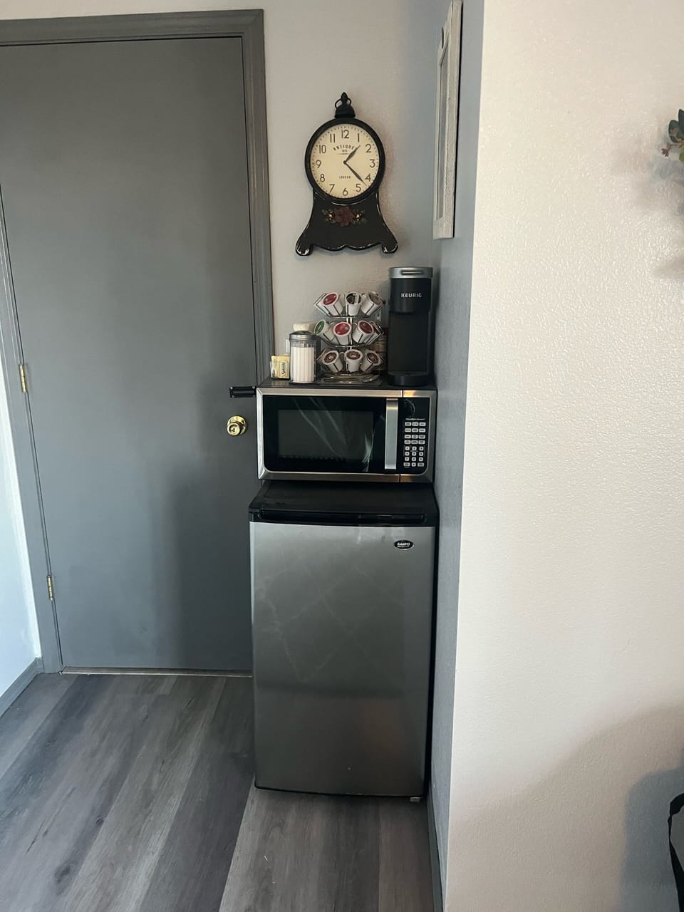 Microwave, coffee, and mini fridge 