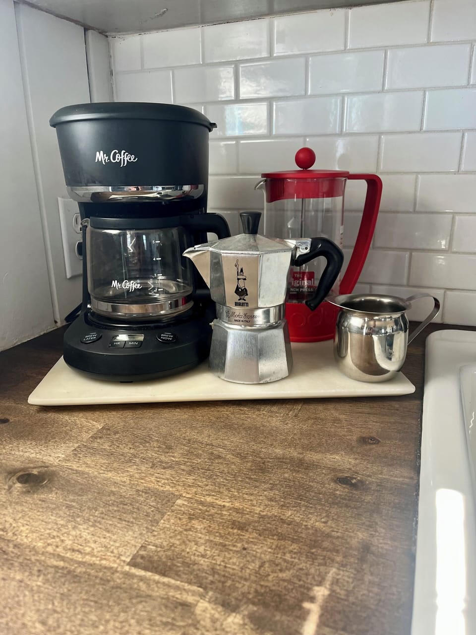 5 cup coffee maker, French press & espresso stovetop. Coffee & sugar provided