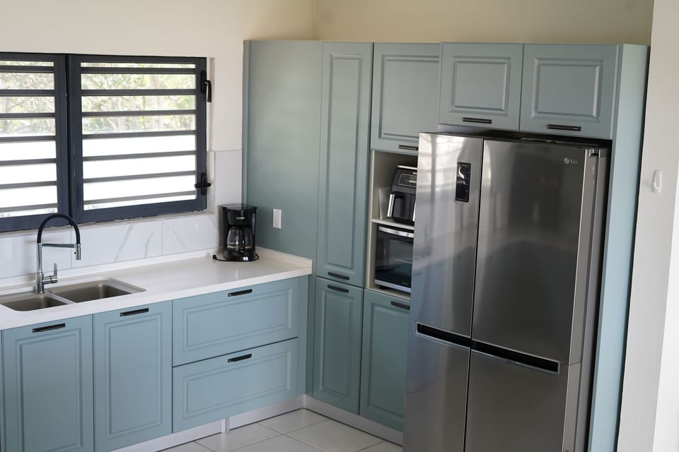 Large refrigerator, air fryer, and small convection oven.