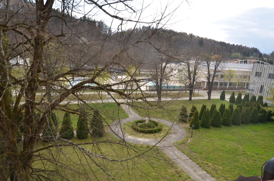 View from the window on the park and spa with thermal water.