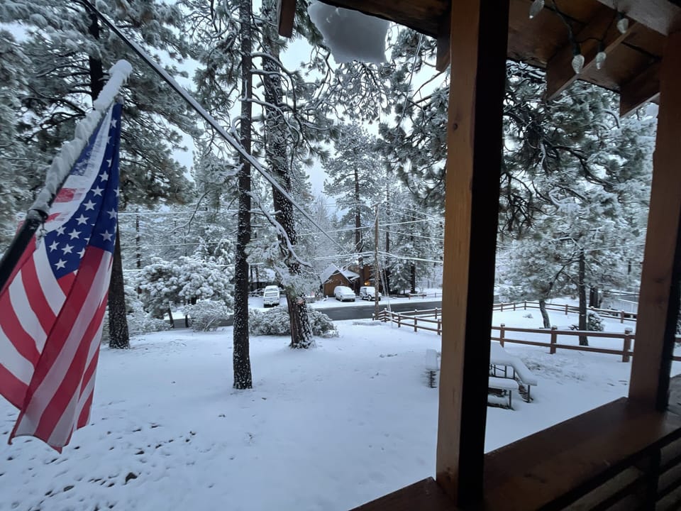 A snowy view from the porch